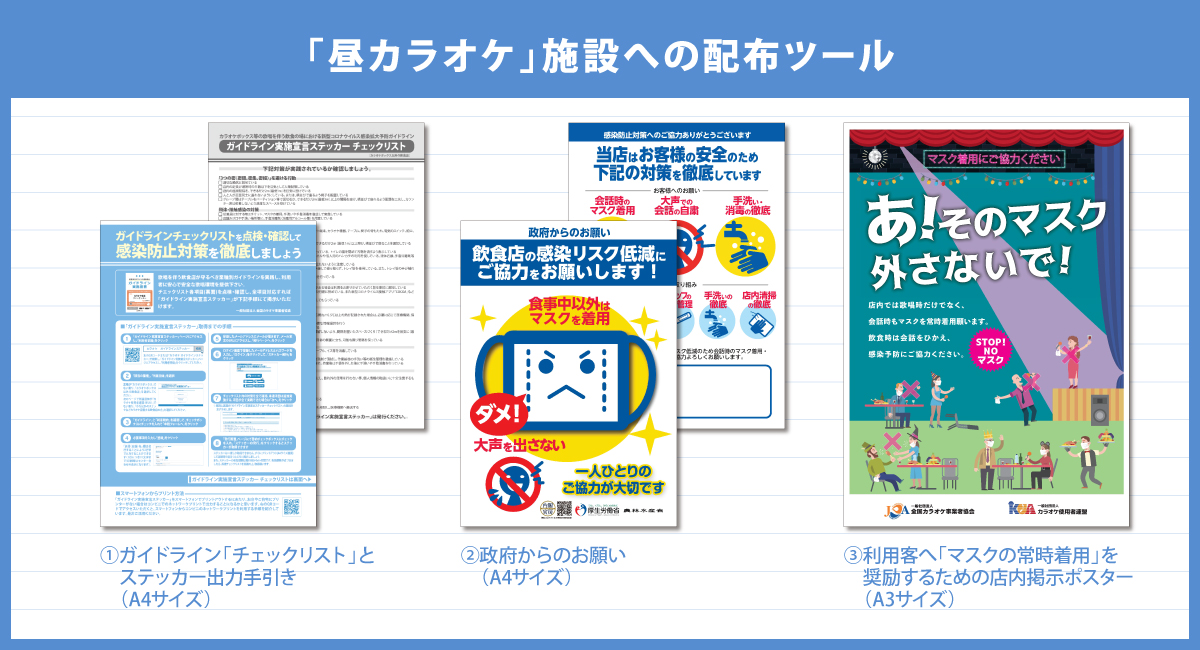 ①ガイドライン「チェックリスト」とステッカー出力手引き、②政府からのお願い、③利用客へ「マスクの常時着用」を奨励するための店内掲示ポスター)